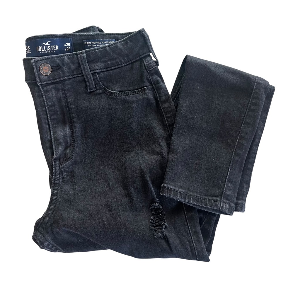 Hollister Women's 3S Black Distressed Advanced Stretch, Curvy High Rise Jeggings